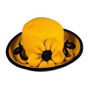 VTG Miss Bierner Yellow Cloche Hat Womens Medium Felt Floral Flower Winter 60s